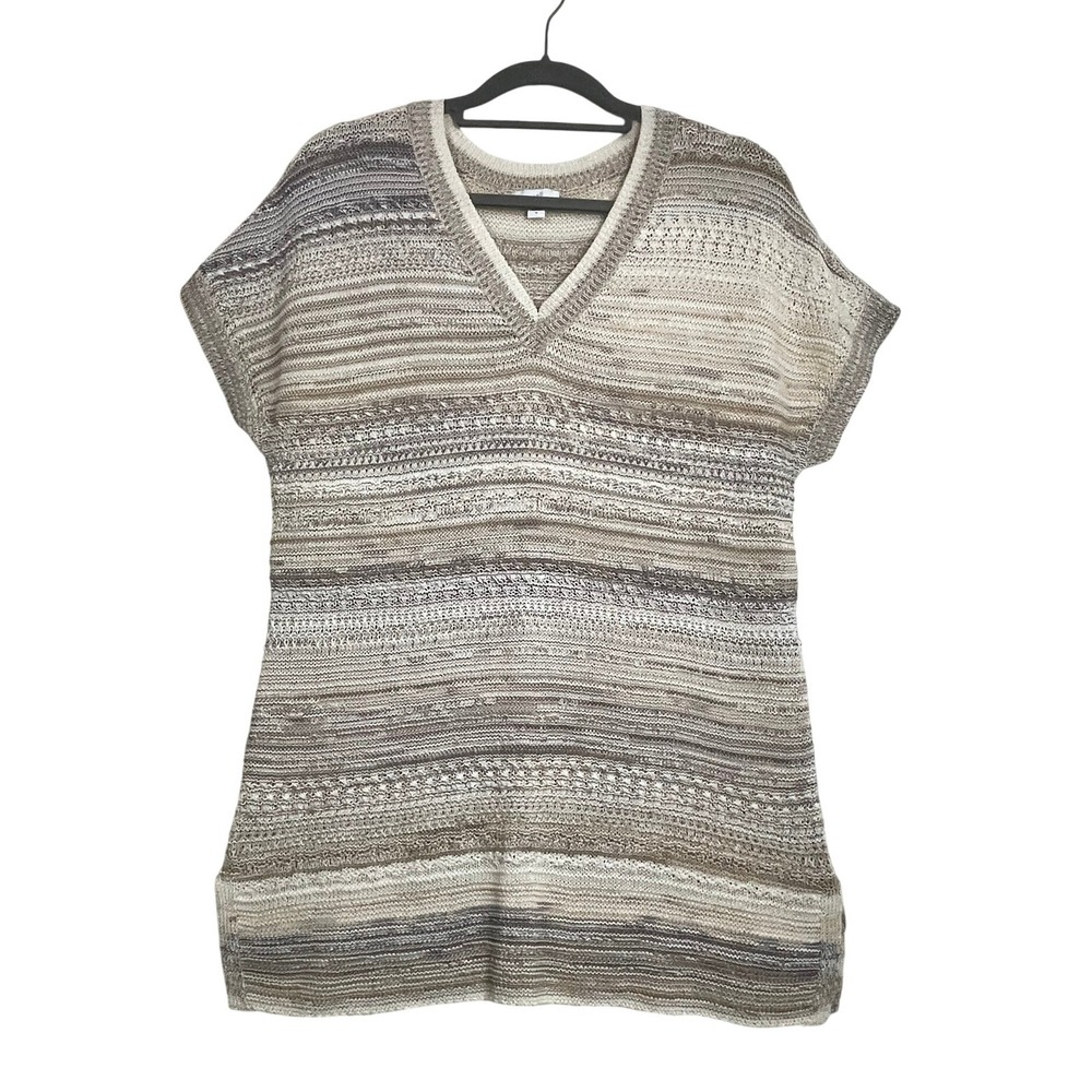 J. Jill Medium Space Dye Marled Loose Knit Tunic Sweater Beige Cream V-Neck